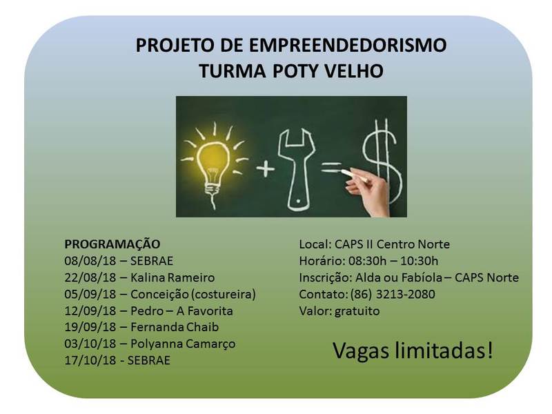 Abertas as inscrições para projeto de empreendedorismo nos CAPS